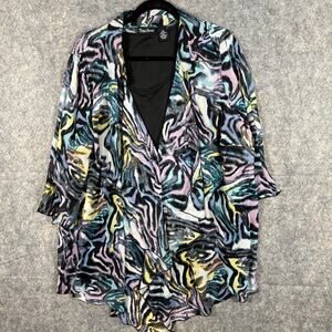 Maggie‎ Barnes Cardigan Women 1X 18/20 Pur/Blk Abstract Open Front Sweater Boho